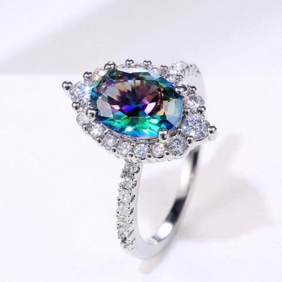 NEW 925 STERLING SILVER MYSTIC TOPAZ HALO RING, CUTE RING, SHINY RING. - Picture 4 of 9